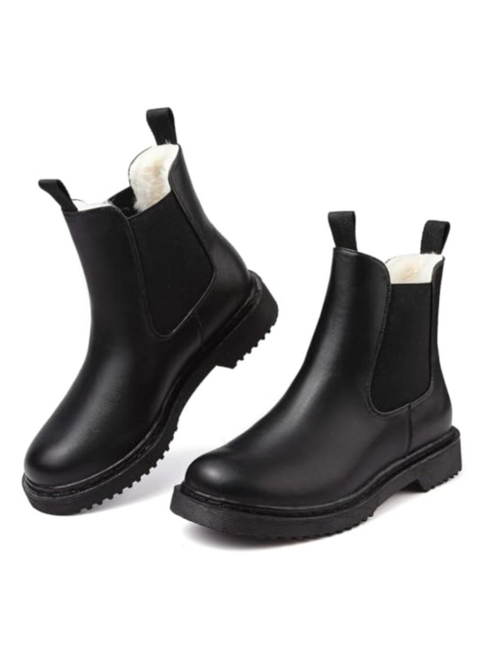 Faux Leather Fur Lined Women's Chelsea Ankle Boots Waterproof Winter Booties